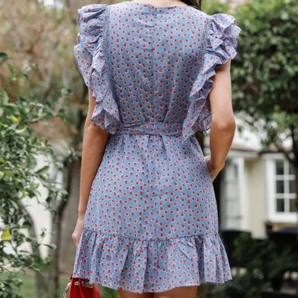 Rose Print Ruffle Trim Self-Tie Belted Mini Dress - Picture 4 of 4